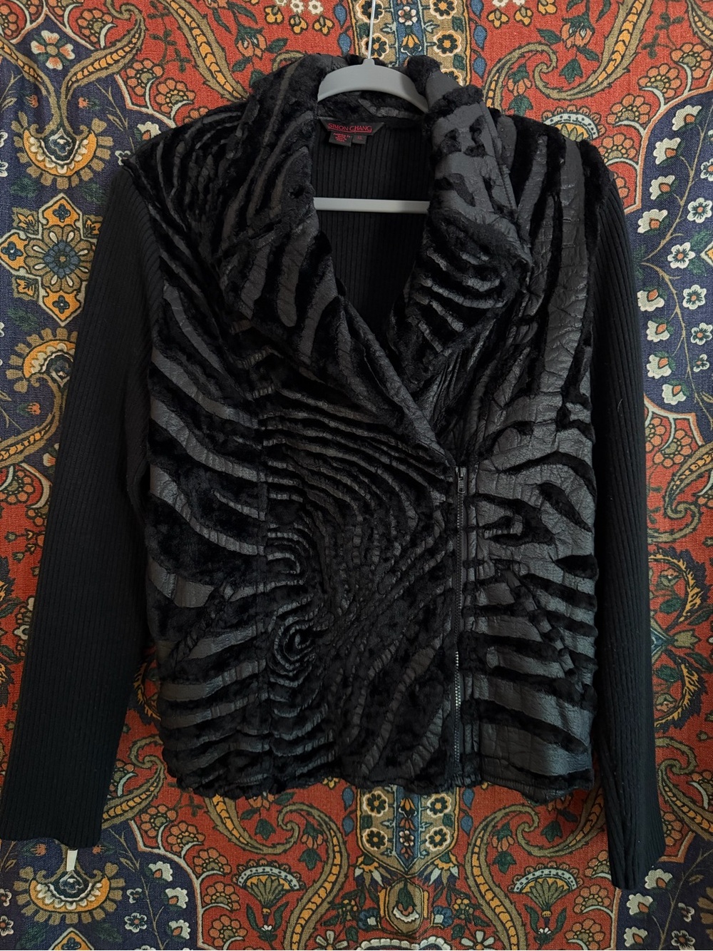 Simon Chang Black and Gray Textured Faux Fur Jacket classy & sophisticated